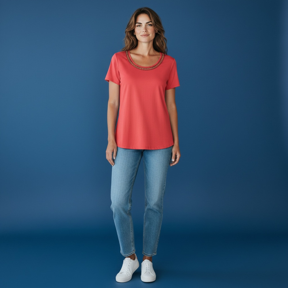 Kim Rogers Short Sleeve Neck Detail Shirt Red Size Unknown